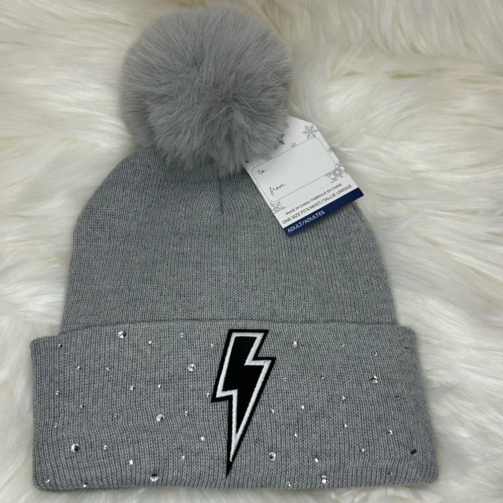 Kids Gray Beanie with Pom-Pom and Lightning Bolt